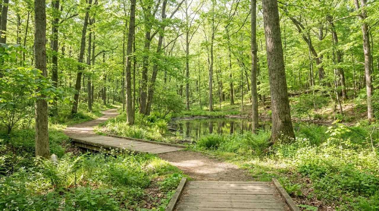 Wooded boardwalk trail at the Closter Nature Center in spring
