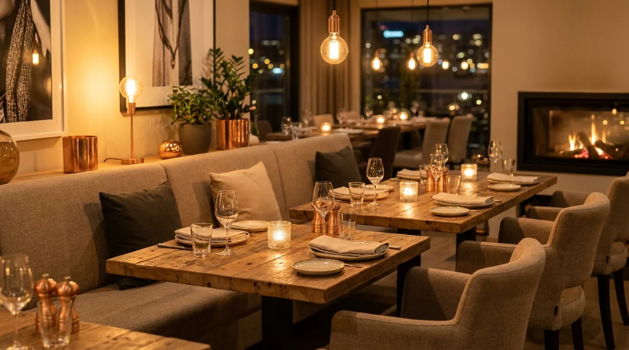 Warm upscale restaurant interior in Cresskill, NJ in the evening