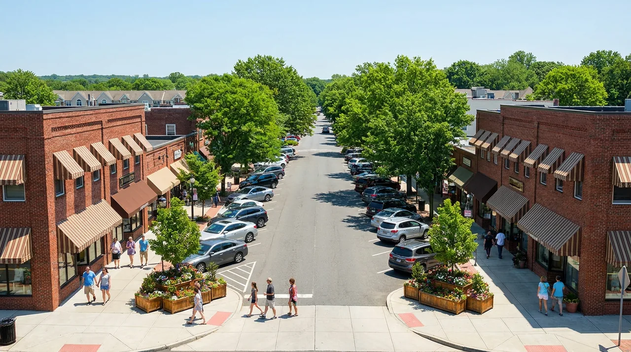 Small downtown shopping street with local shops in Cresskill, NJ on a summer day