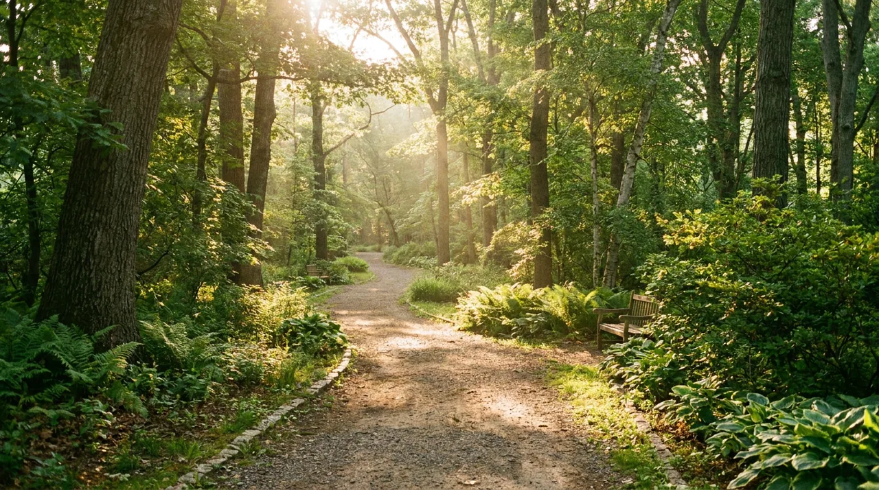 Wooded park trail through a leafy green space in Cresskill, NJ