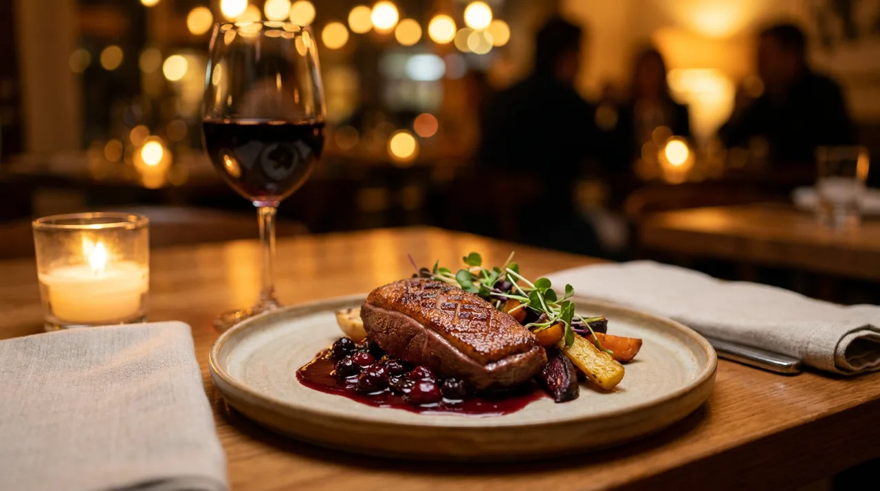 Seared duck breast with berry sauce and red wine by candlelight at a local restaurant in Demarest, Bergen County, NJ