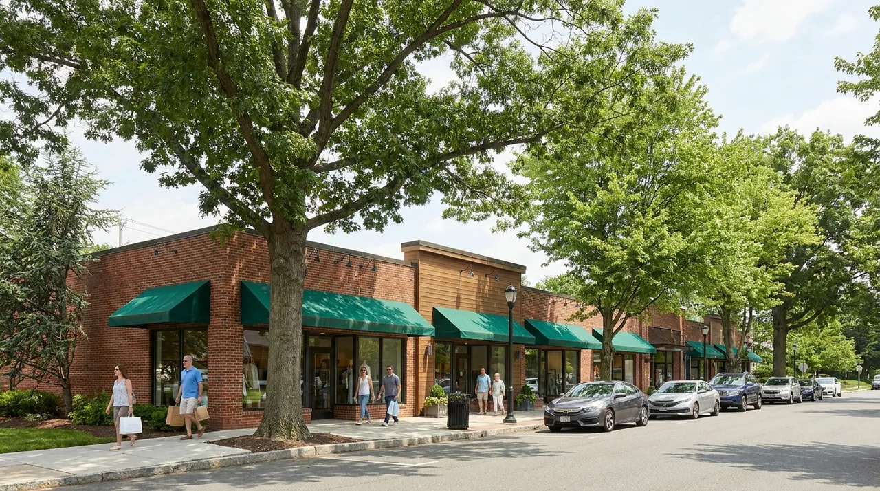 Brick shops with green awnings under large shade trees in Demarest, Bergen County, NJ