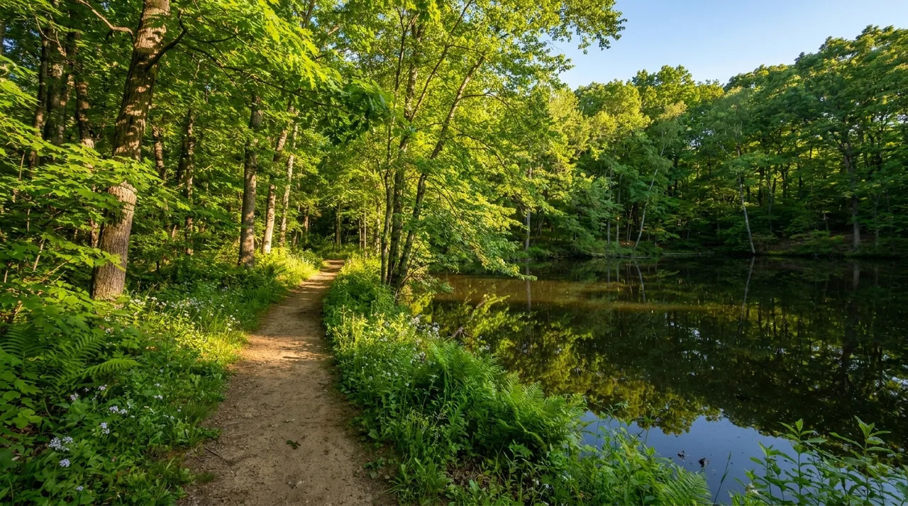Wooded trail beside a pond in Demarest, Bergen County, NJ