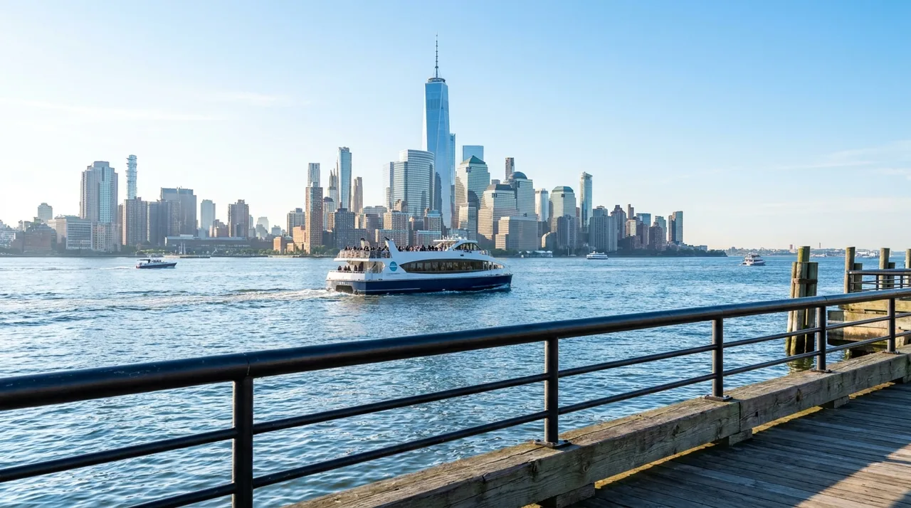 Commuter ferry crossing the Hudson River from Edgewater NJ toward Manhattan
