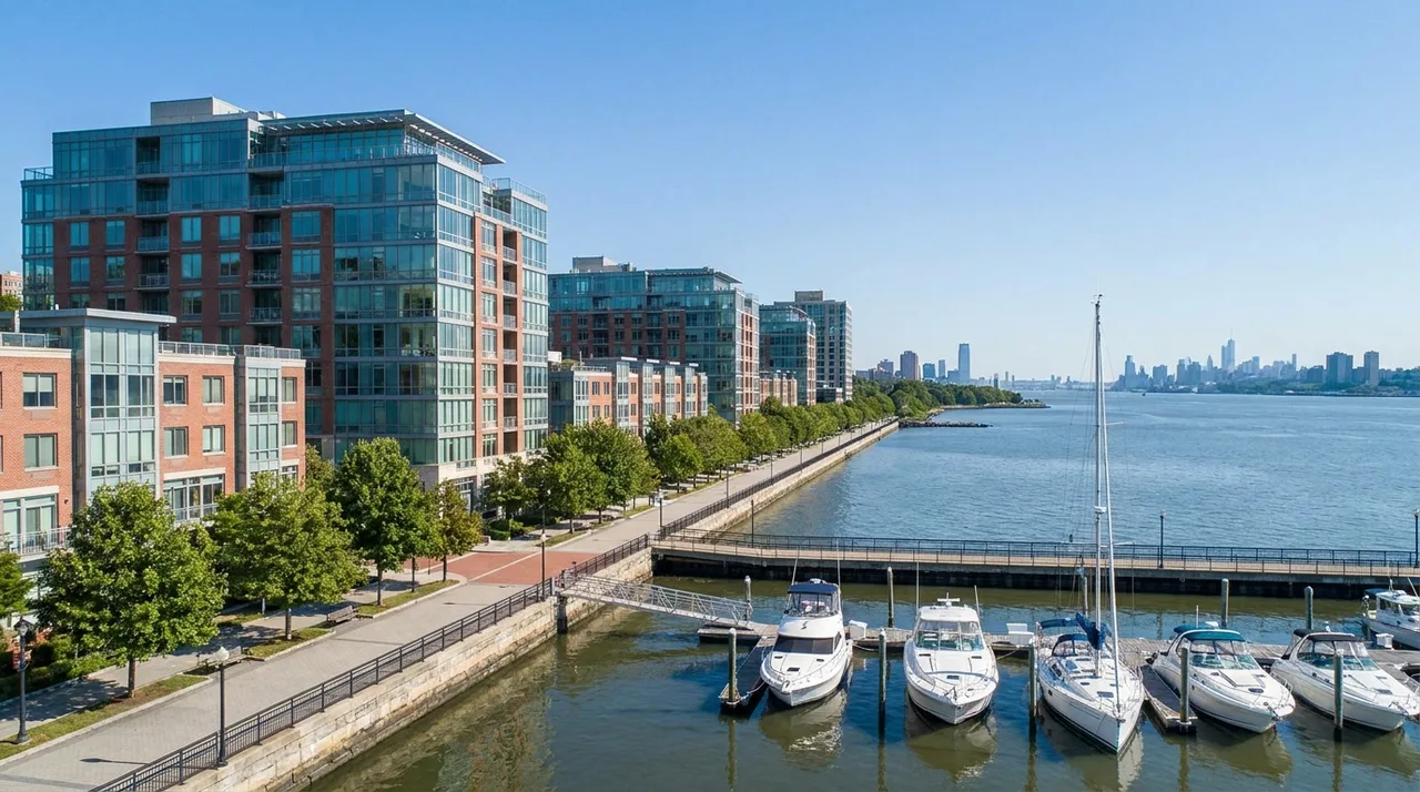 Waterfront condominiums and marina along River Road in Edgewater NJ