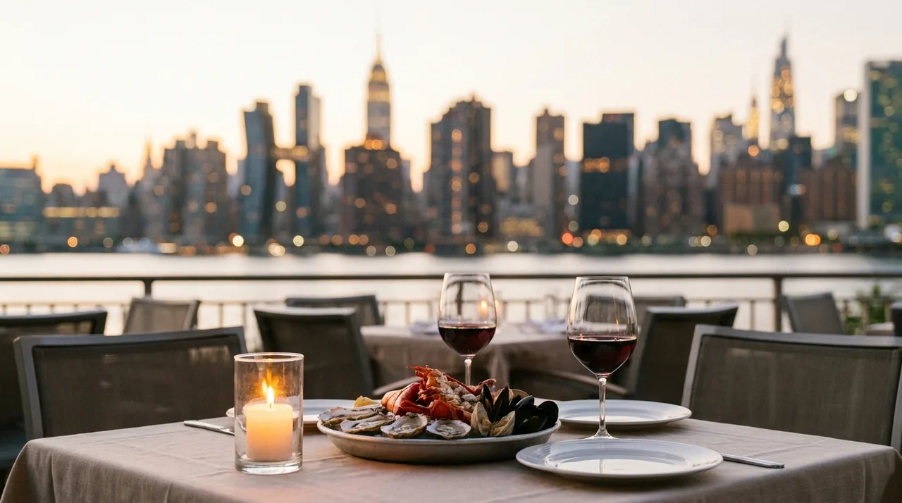Waterfront restaurant terrace in Edgewater NJ overlooking the Manhattan skyline