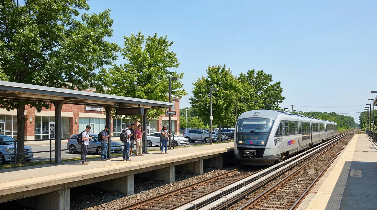 NJ Transit Pascack Valley Line train at the Emerson, NJ station with commuters waiting