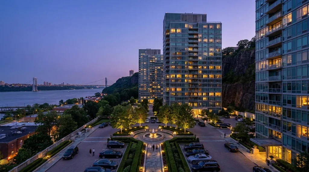 Luxury high-rise condominium towers on the Palisades in Fort Lee NJ at dusk