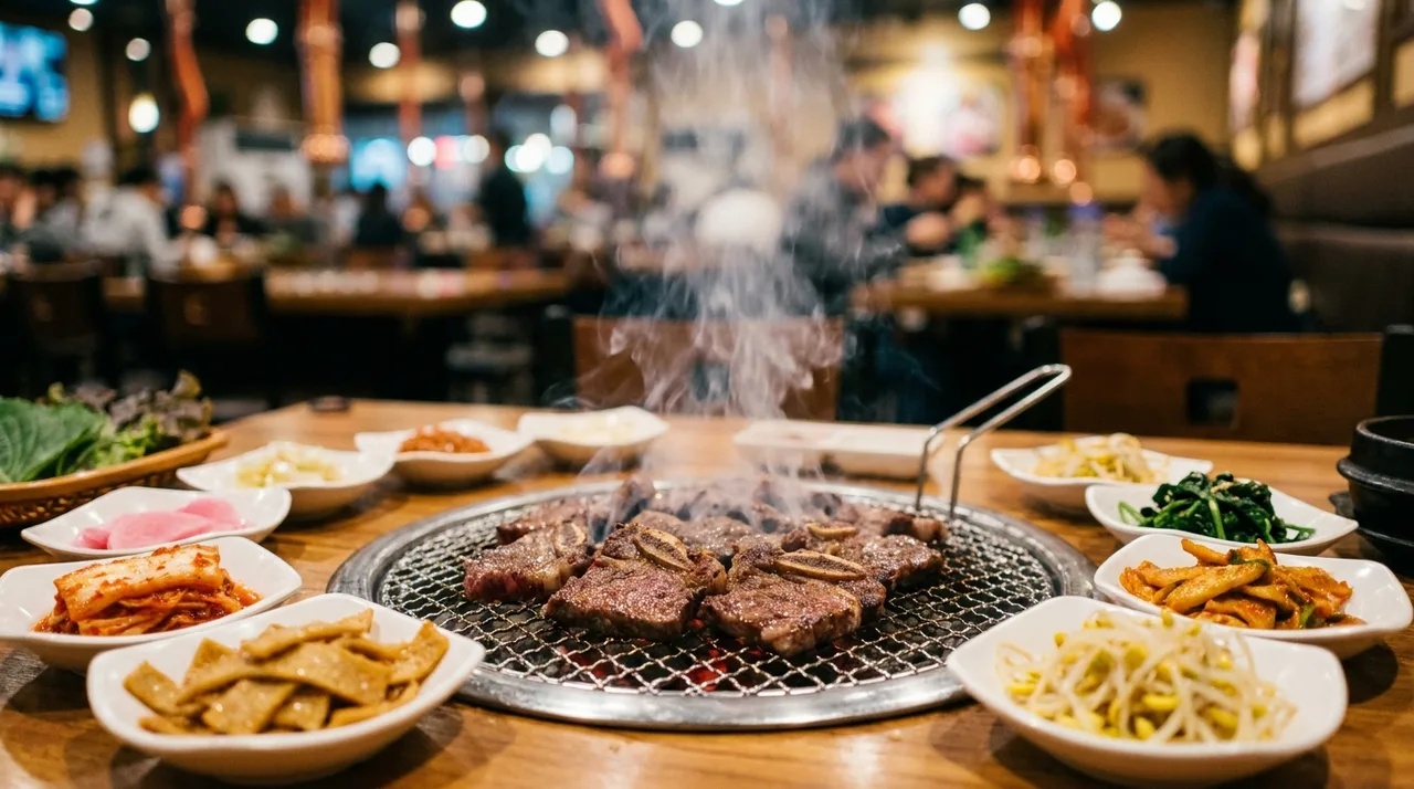 Korean barbecue with banchan at a Fort Lee NJ restaurant