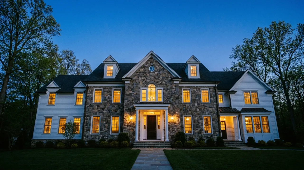 Stone and clapboard colonial home at dusk in Franklin Lakes, NJ