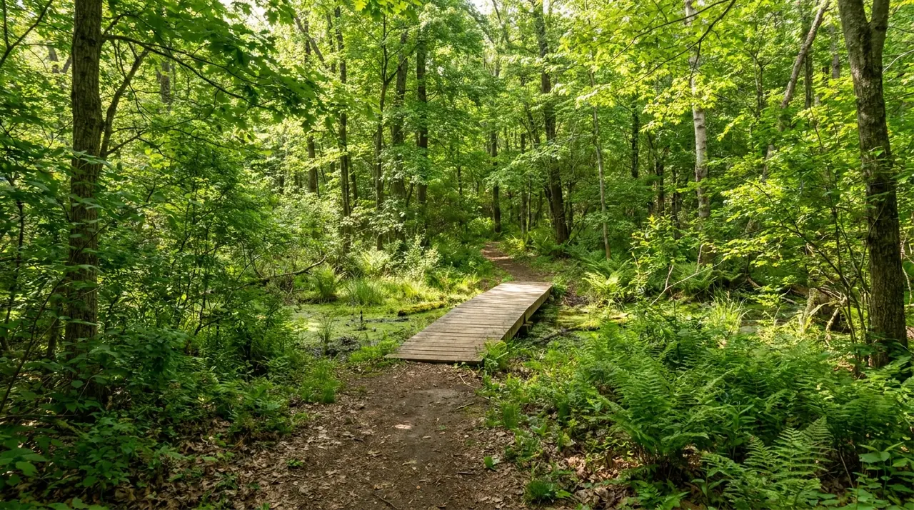 Boardwalk trail through wooded wetlands in the Franklin Lakes, NJ nature preserve