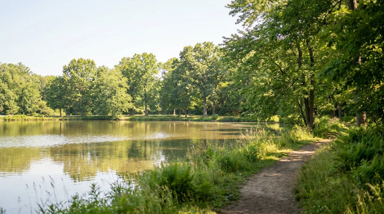 Wooded trail beside a pond at the Thielke Arboretum in Glen Rock, NJ