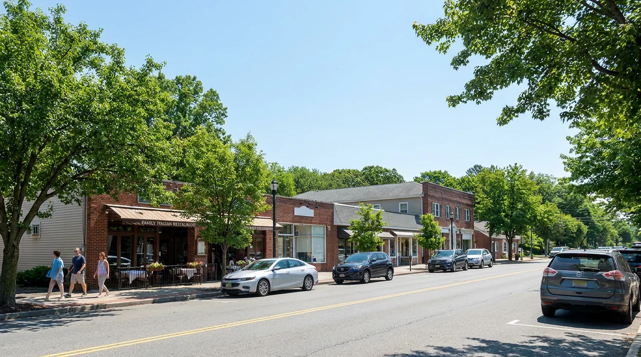Local shops and a family Italian restaurant on a small commercial street in Harrington Park, NJ