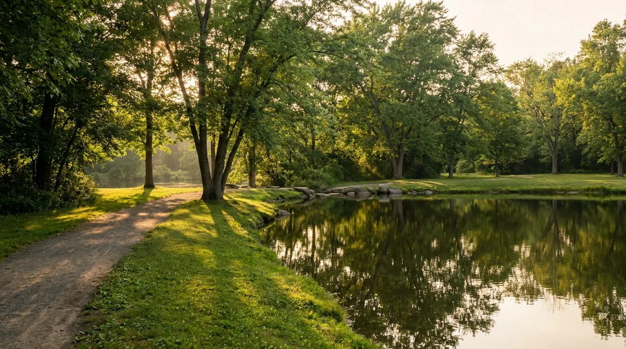 Wooded walking trail beside a pond at a park in Harrington Park, NJ in summer