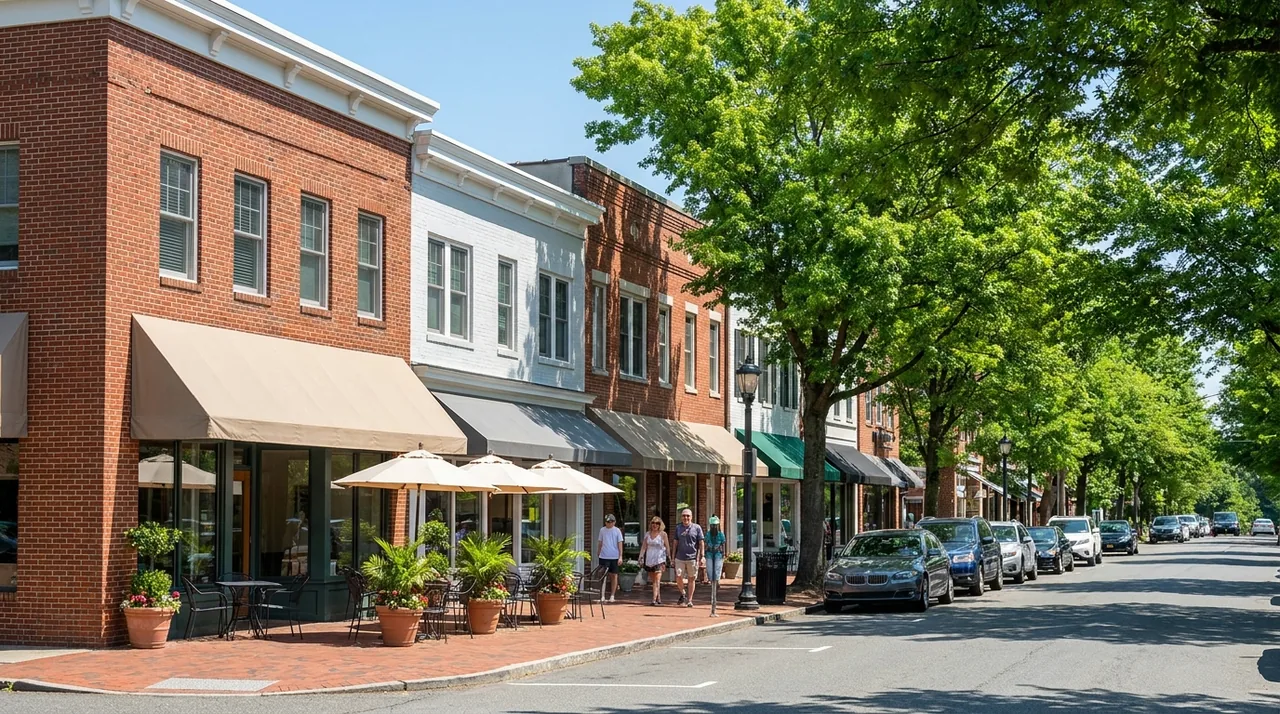 Charming downtown storefronts with sidewalk cafe seating on a tree-lined street in Haworth, NJ
