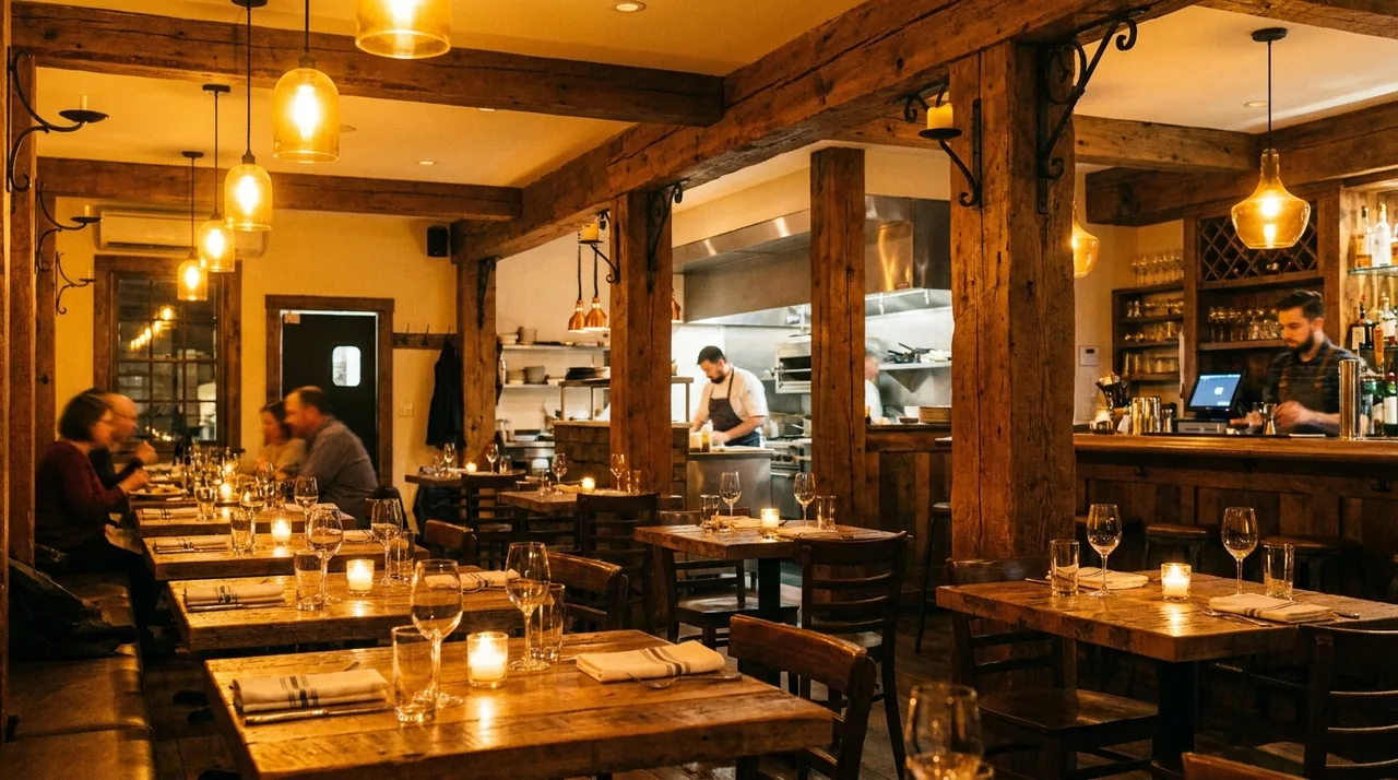 Warm rustic upscale restaurant interior with candlelit tables in Mahwah, New Jersey