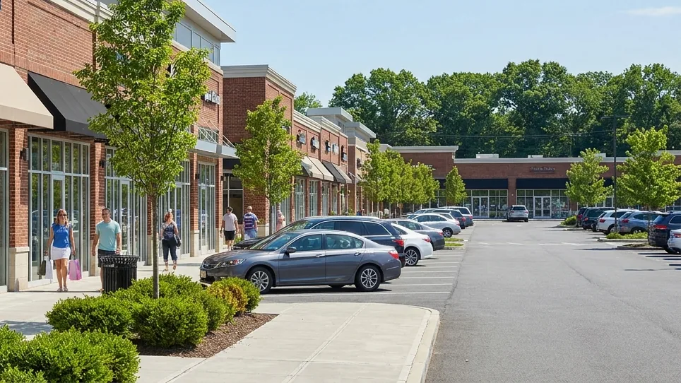 Suburban shopping plaza with local storefronts and shoppers in Mahwah, New Jersey on a summer day