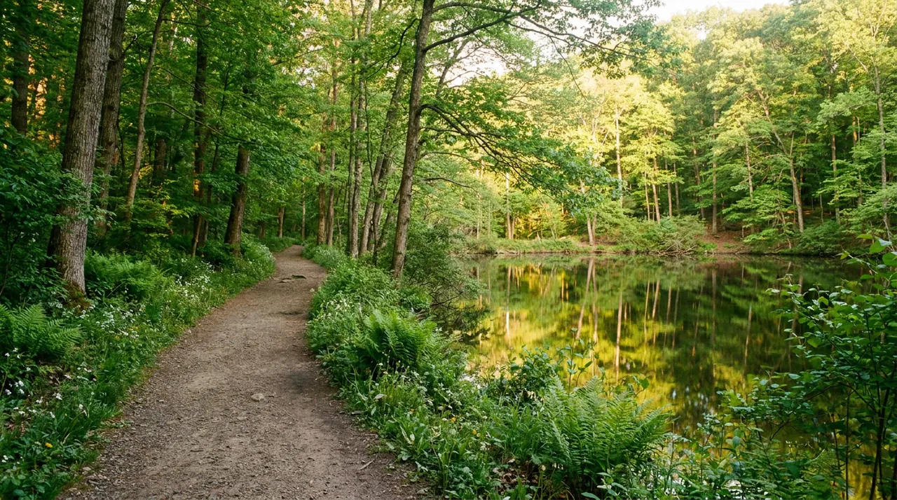 Wooded trail beside a calm pond in the Ramapo Valley Reservation in Mahwah, New Jersey