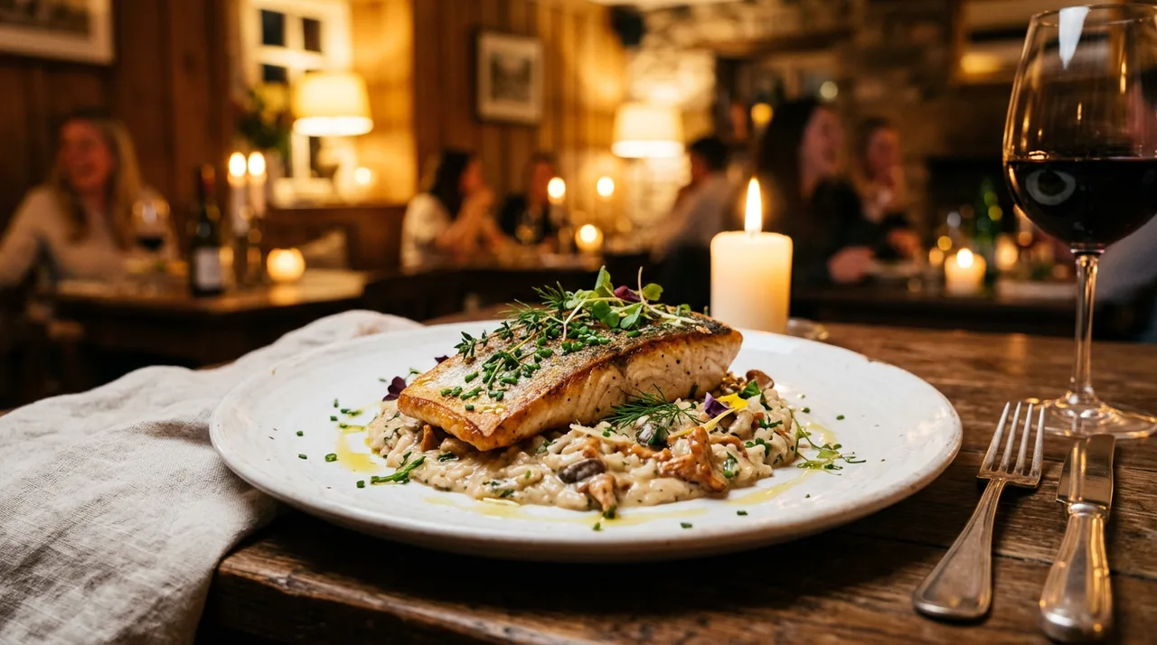 Seared fish over creamy risotto plated at a warm, candlelit upscale restaurant in Montvale, NJ