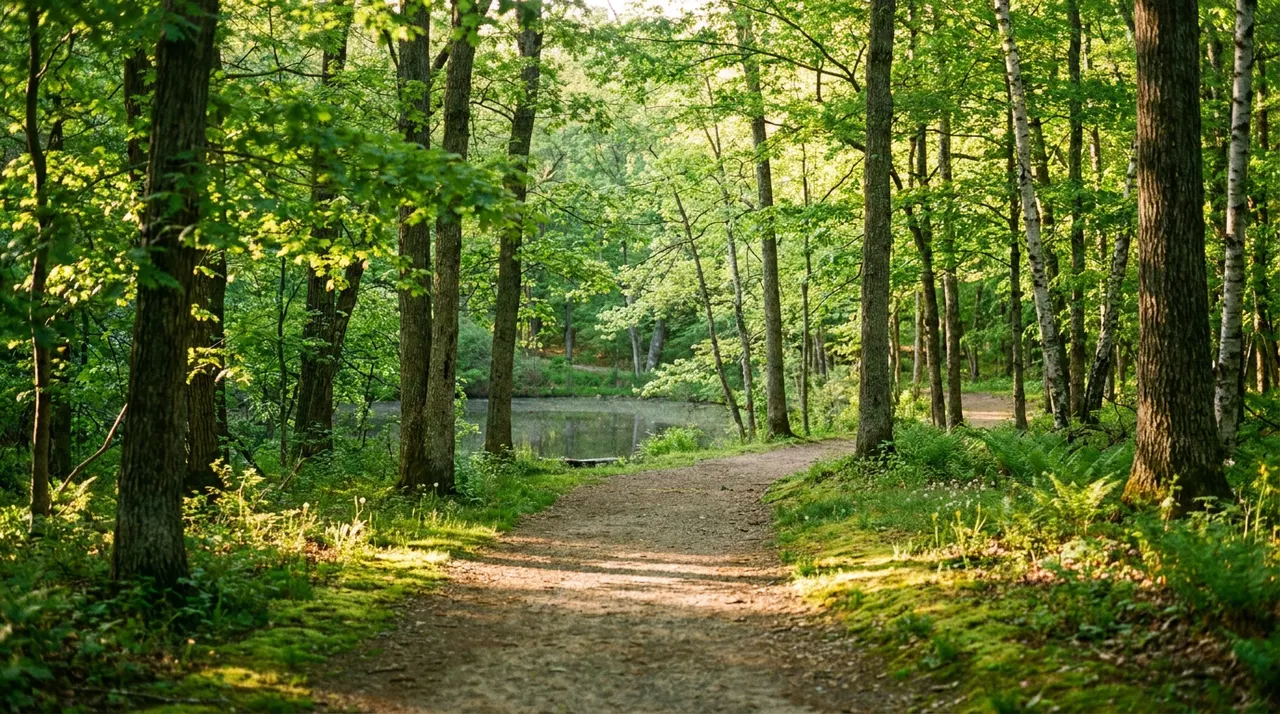 Wooded park trail winding past a calm pond through lush green forest in Montvale, NJ in late spring