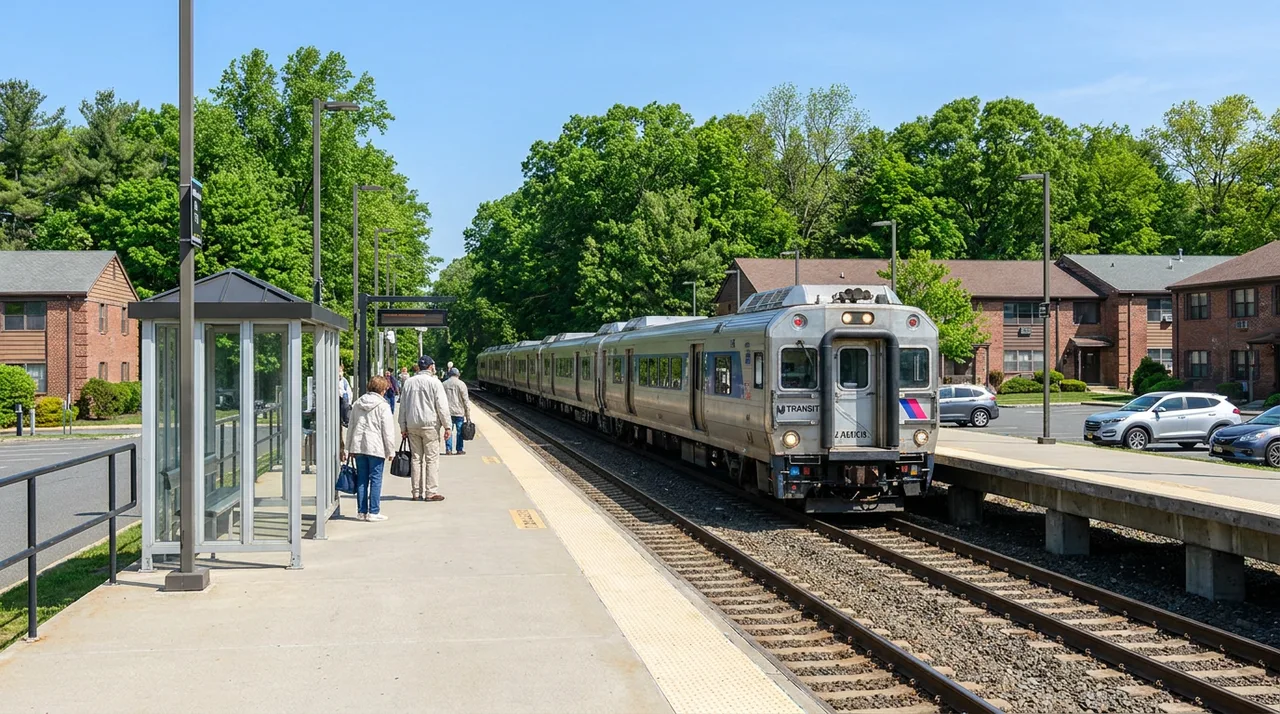 NJ Transit Pascack Valley Line commuter train arriving at the Montvale, NJ station on a clear spring morning