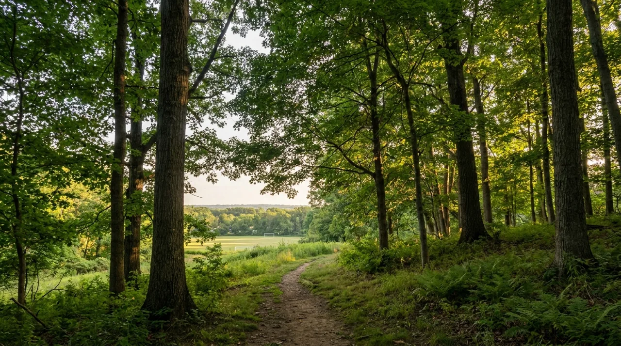 Wooded park trail leading to a green playing field in Northvale, NJ in soft golden-hour light