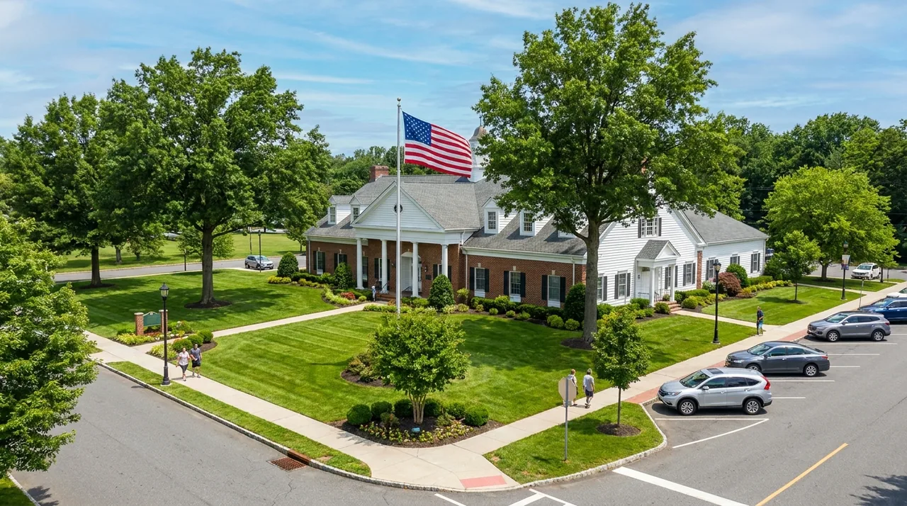 Old Tappan, NJ municipal building and community green with an American flag on a bright summer day