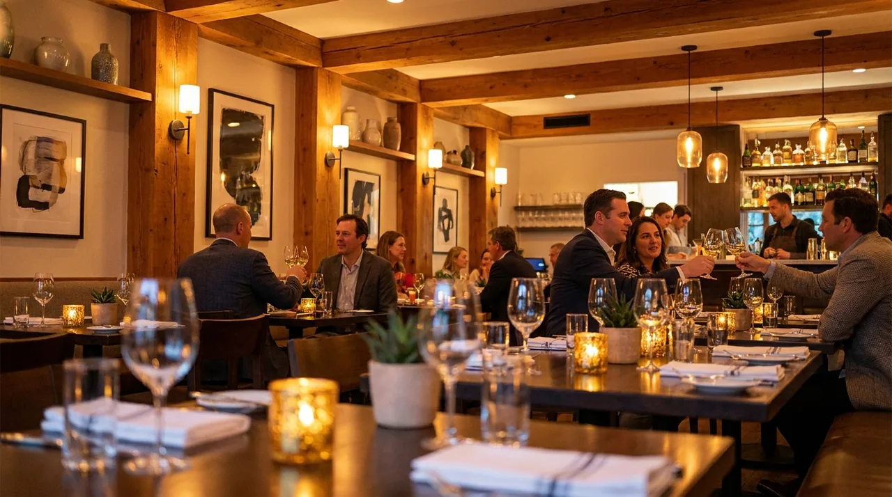 Warm, candlelit upscale restaurant interior with wood beams and diners in Old Tappan, NJ