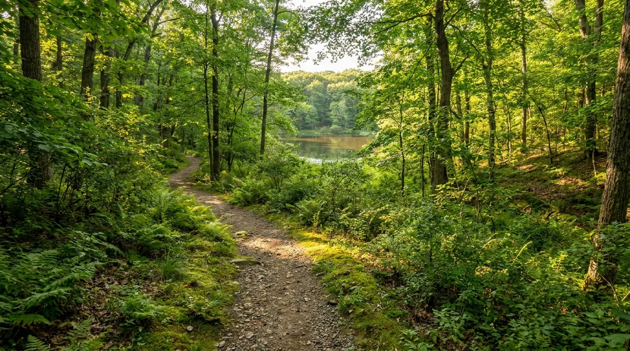Wooded park trail leading to a quiet pond amid lush green summer woods in Old Tappan, NJ