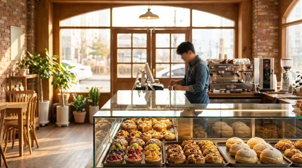 Korean bakery cafe pastry case in Palisades Park NJ
