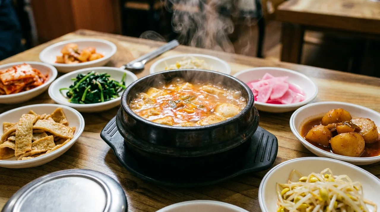 Soft tofu stew with banchan at a Palisades Park NJ restaurant