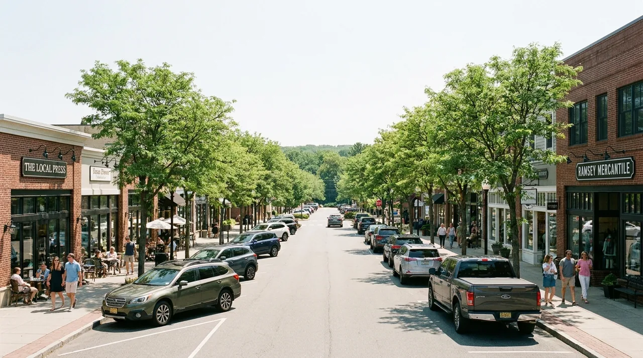 Walkable downtown Main Street with shops and cafes in Ramsey, NJ