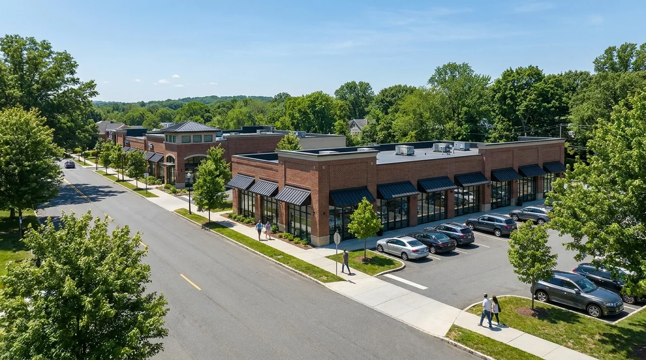 Small leafy commercial storefront cluster along a tree-lined road in River Vale, NJ on a bright summer day