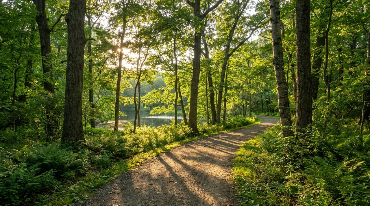 Wooded nature trail beside a pond in a lush green county park in River Vale, NJ at golden hour