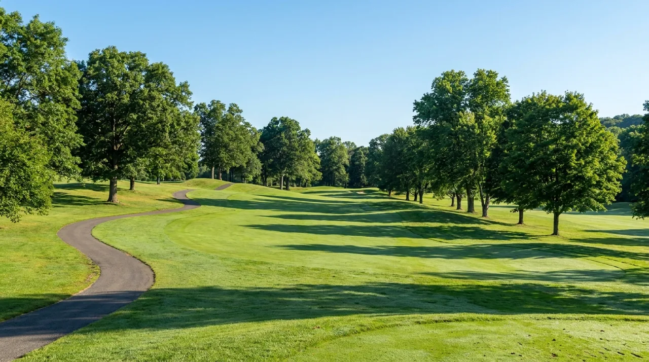 Rolling green fairway of the wooded public golf course in Rockleigh, NJ