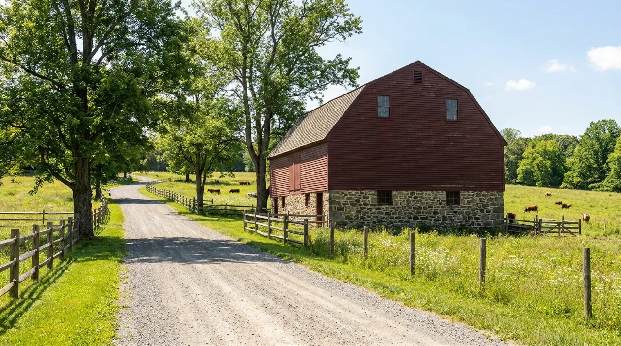 Historic Dutch-style barn on a rural country lane in the Rockleigh, NJ historic district