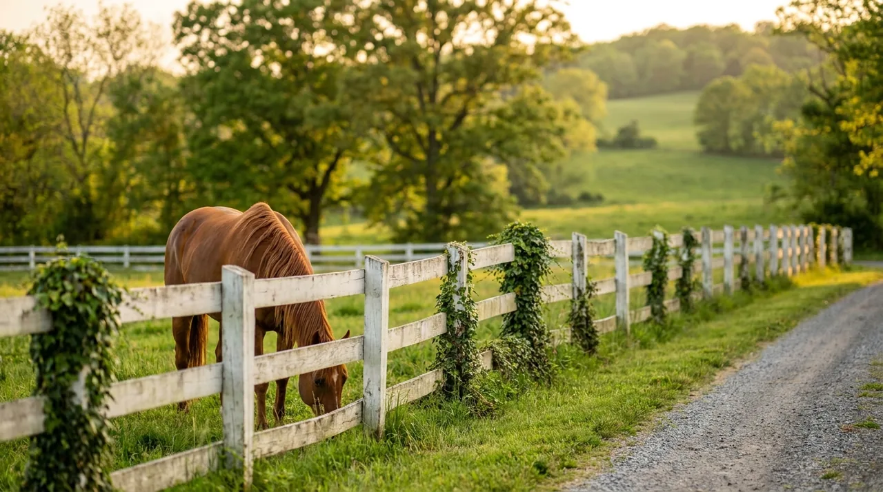 Horse grazing behind white post-and-rail fencing in Saddle River, NJ