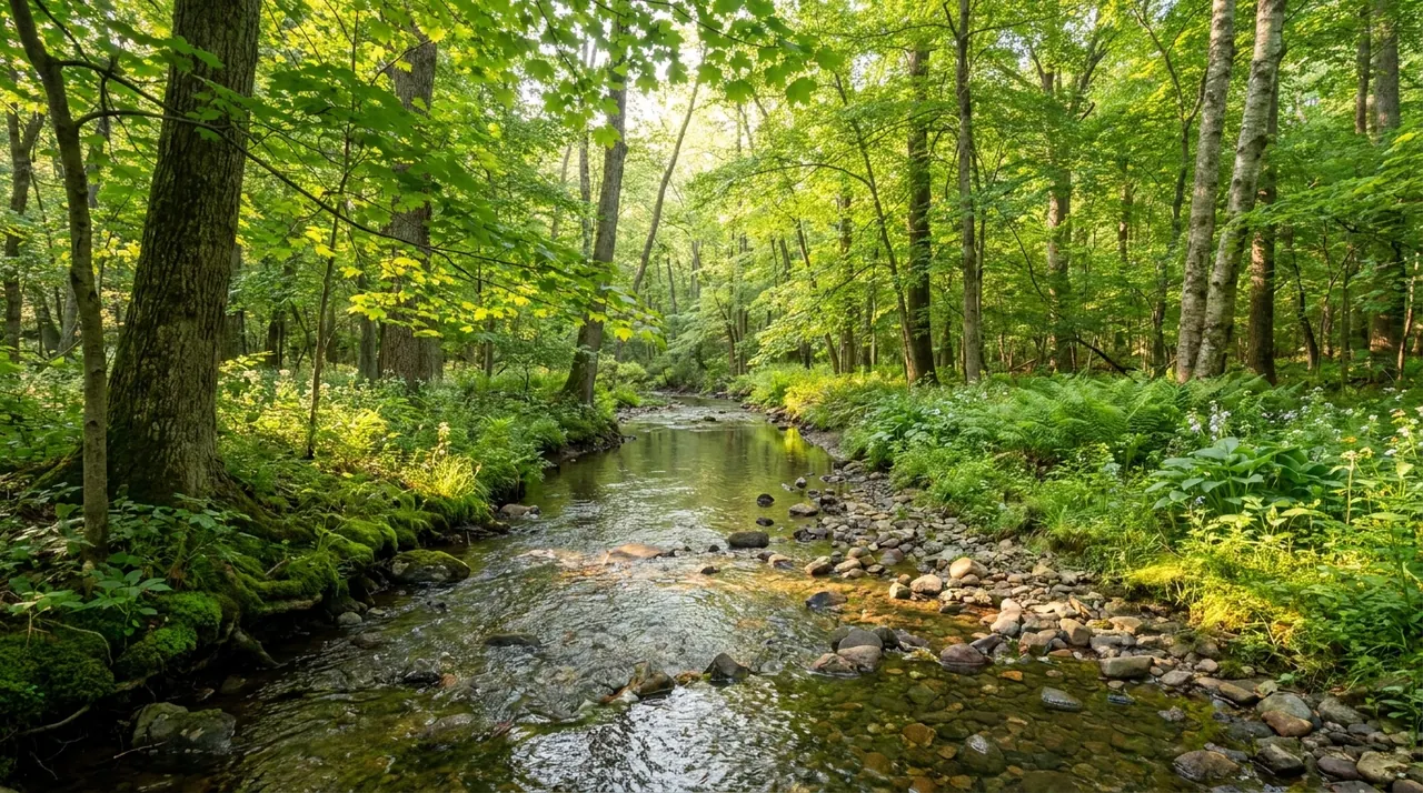 Stream flowing through mature woods in Saddle River, NJ