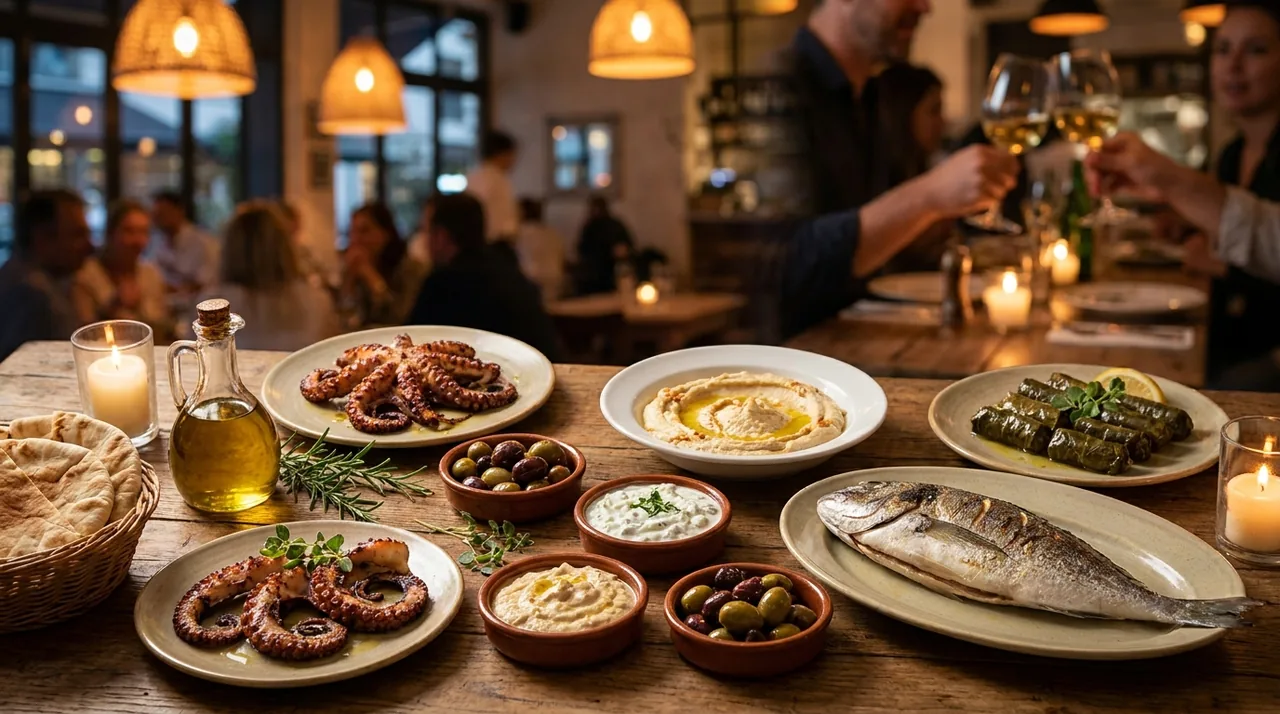 Mediterranean taverna spread at a Tenafly, NJ downtown restaurant