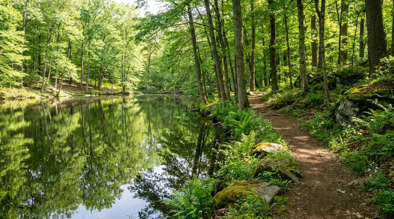 Woodland pond and shoreline trail at the Tenafly, NJ nature center