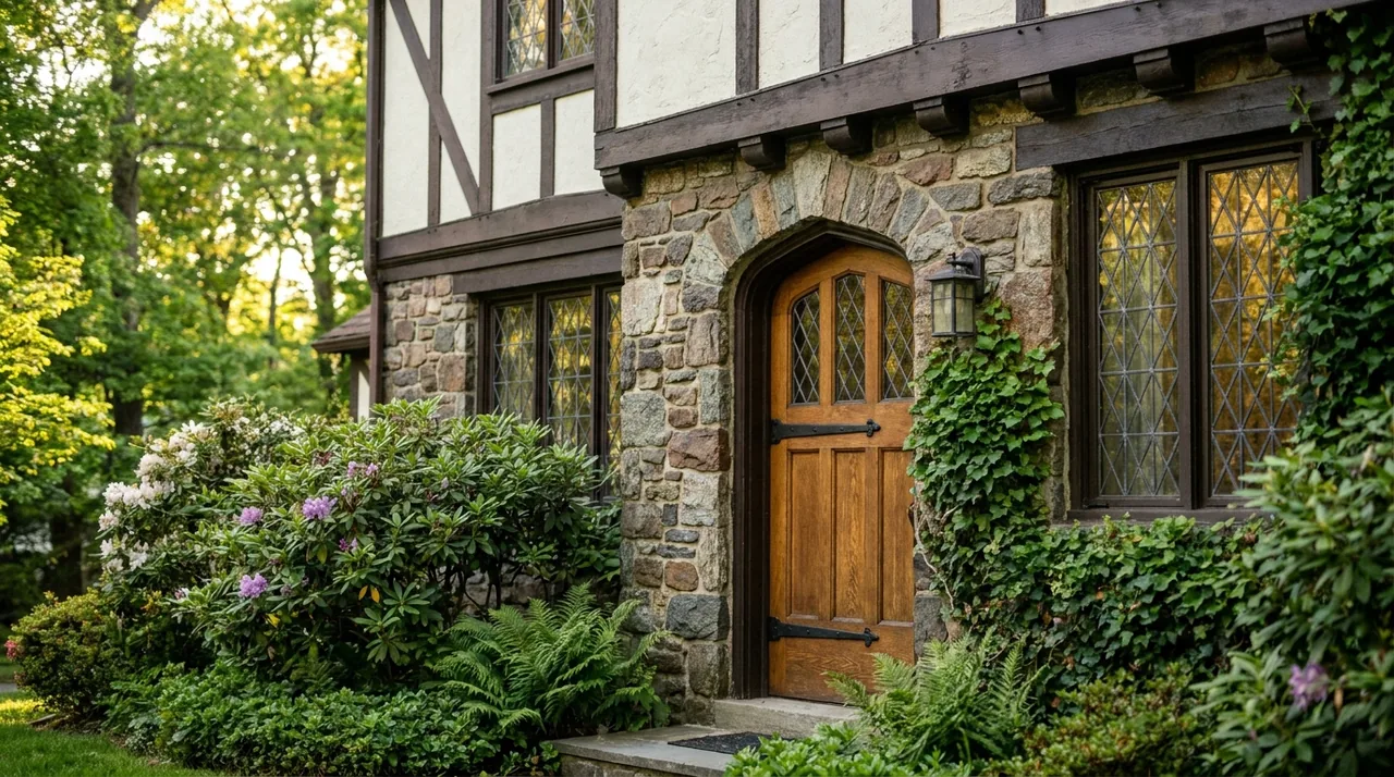 Stone Tudor home entrance on a leafy Tenafly, NJ street