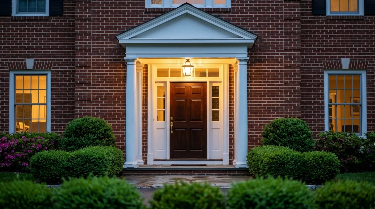 Front entrance of a brick colonial home at dusk in Upper Saddle River, NJ