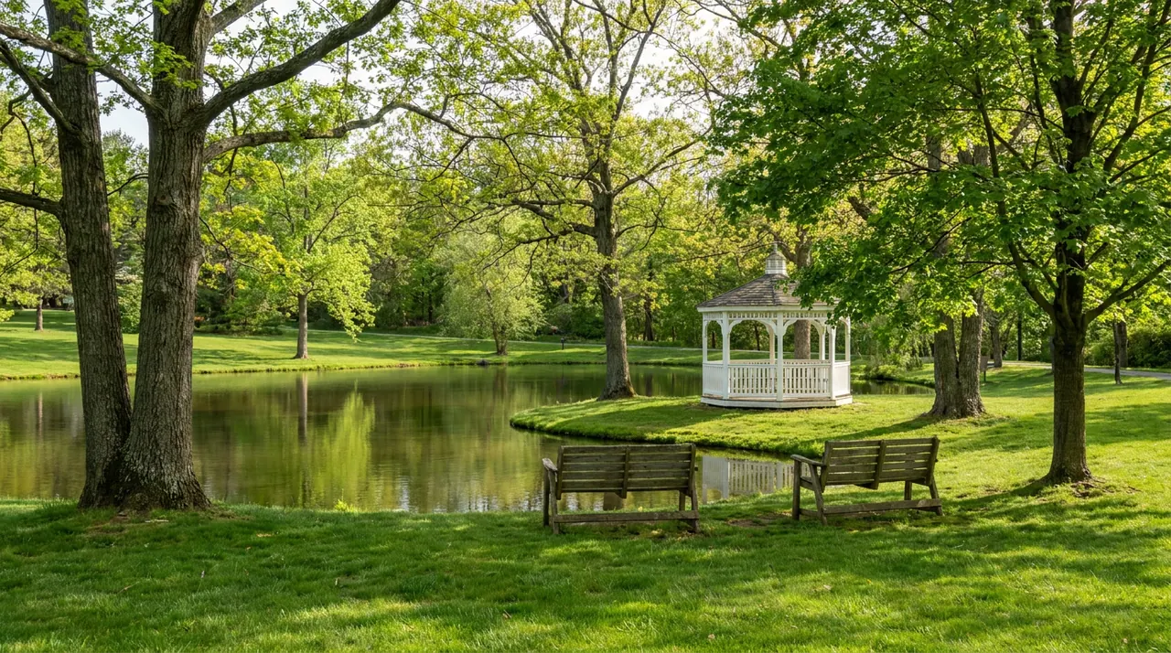 Gazebo and benches beside a quiet pond in an Upper Saddle River, NJ park