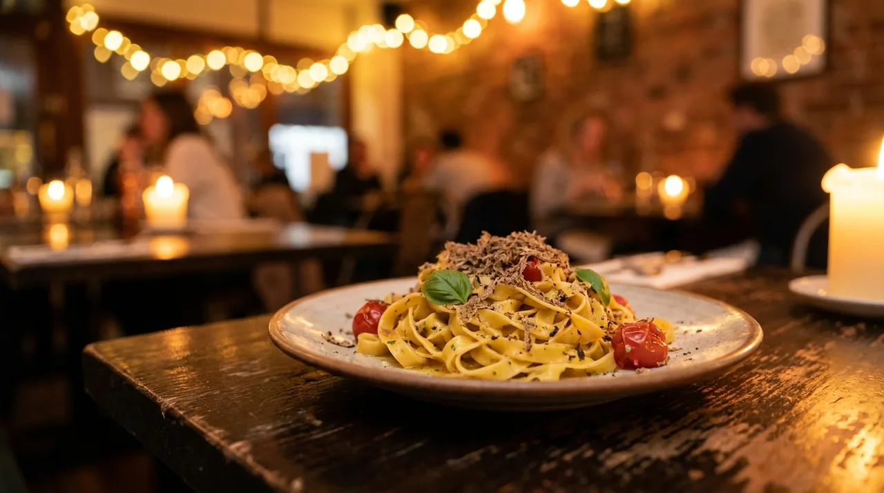Warm candlelit upscale Italian restaurant in Westwood, NJ with a plate of handmade pasta