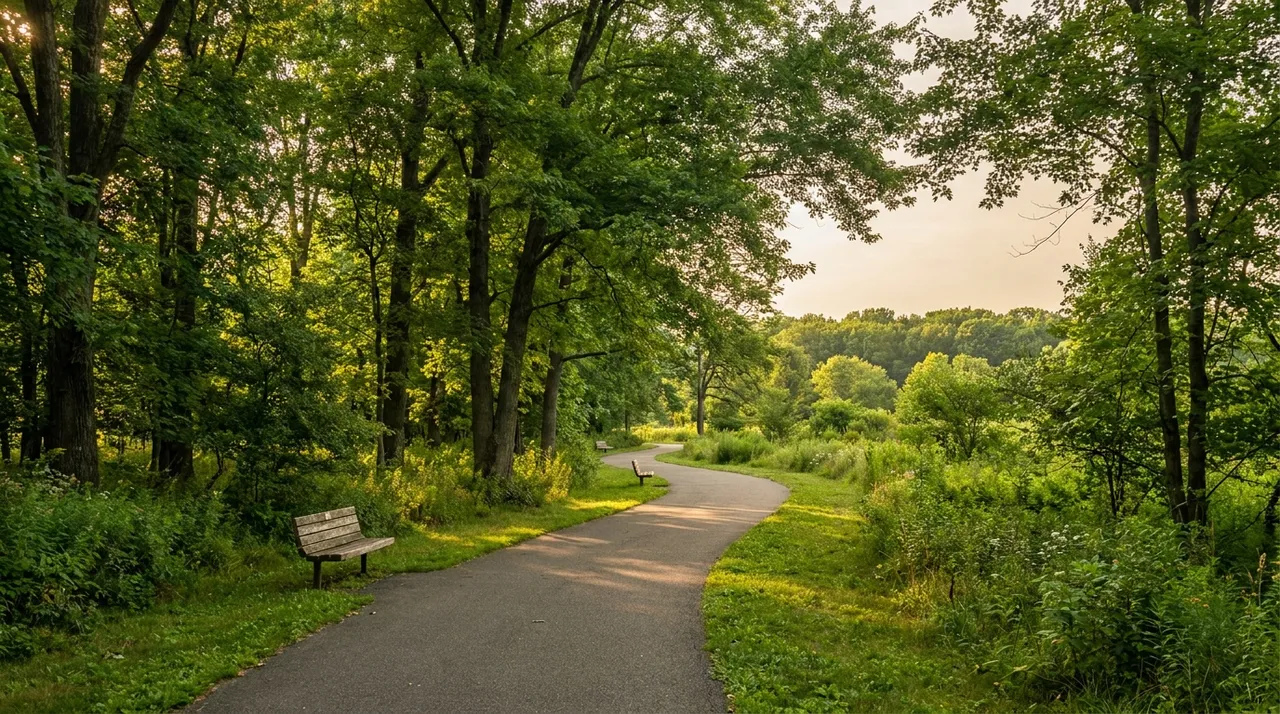 Wooded park trail winding through lush green trees in Westwood, NJ in soft golden-hour light