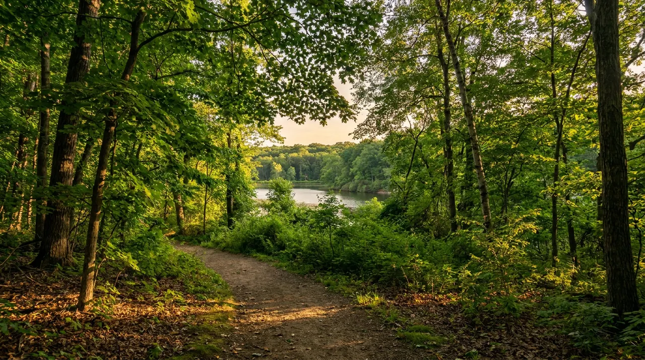 Wooded reservoir nature trail in Woodcliff Lake, NJ at golden hour