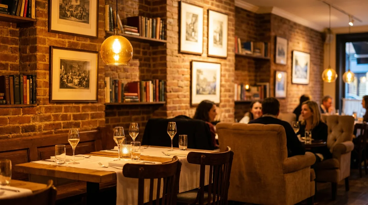 Warm upscale restaurant interior in Wyckoff, NJ in the evening