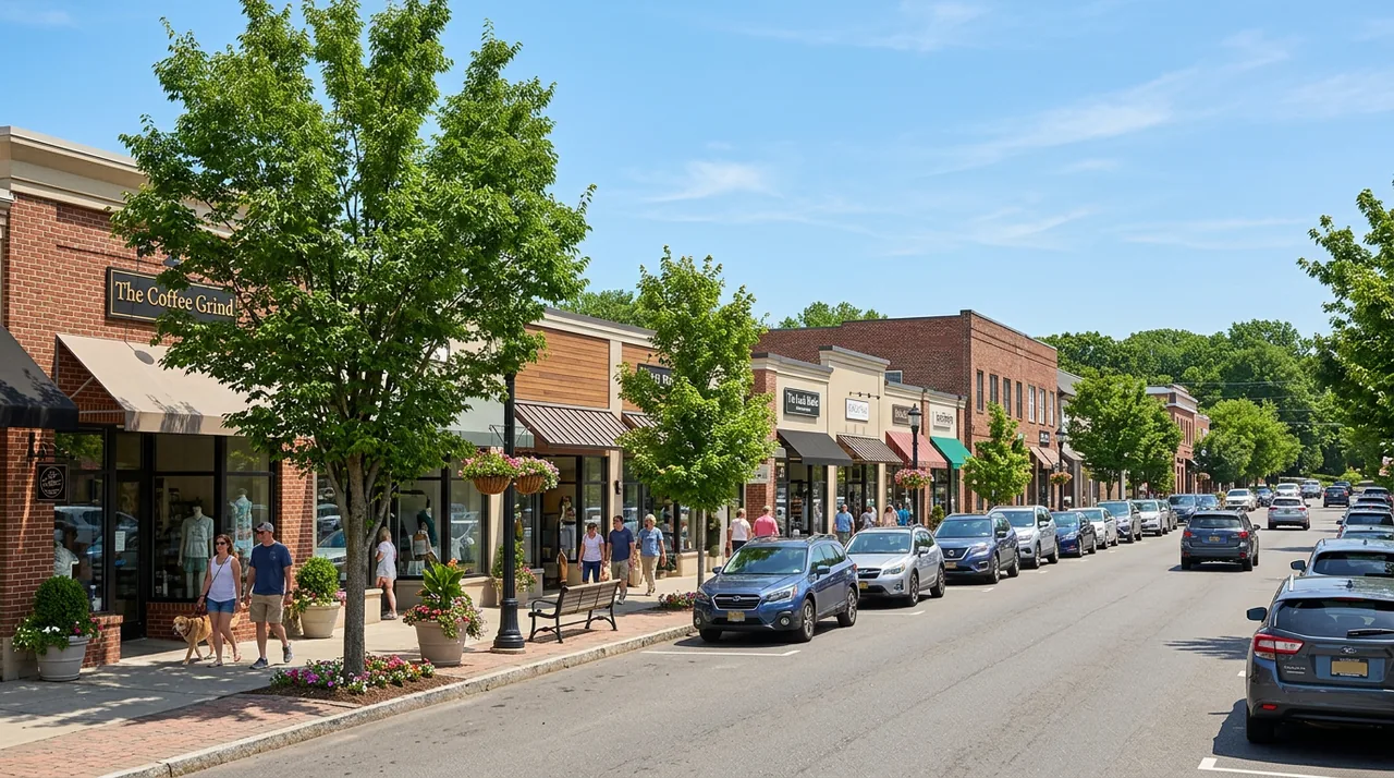 Franklin Avenue downtown storefronts and shops in Wyckoff, NJ on a summer day