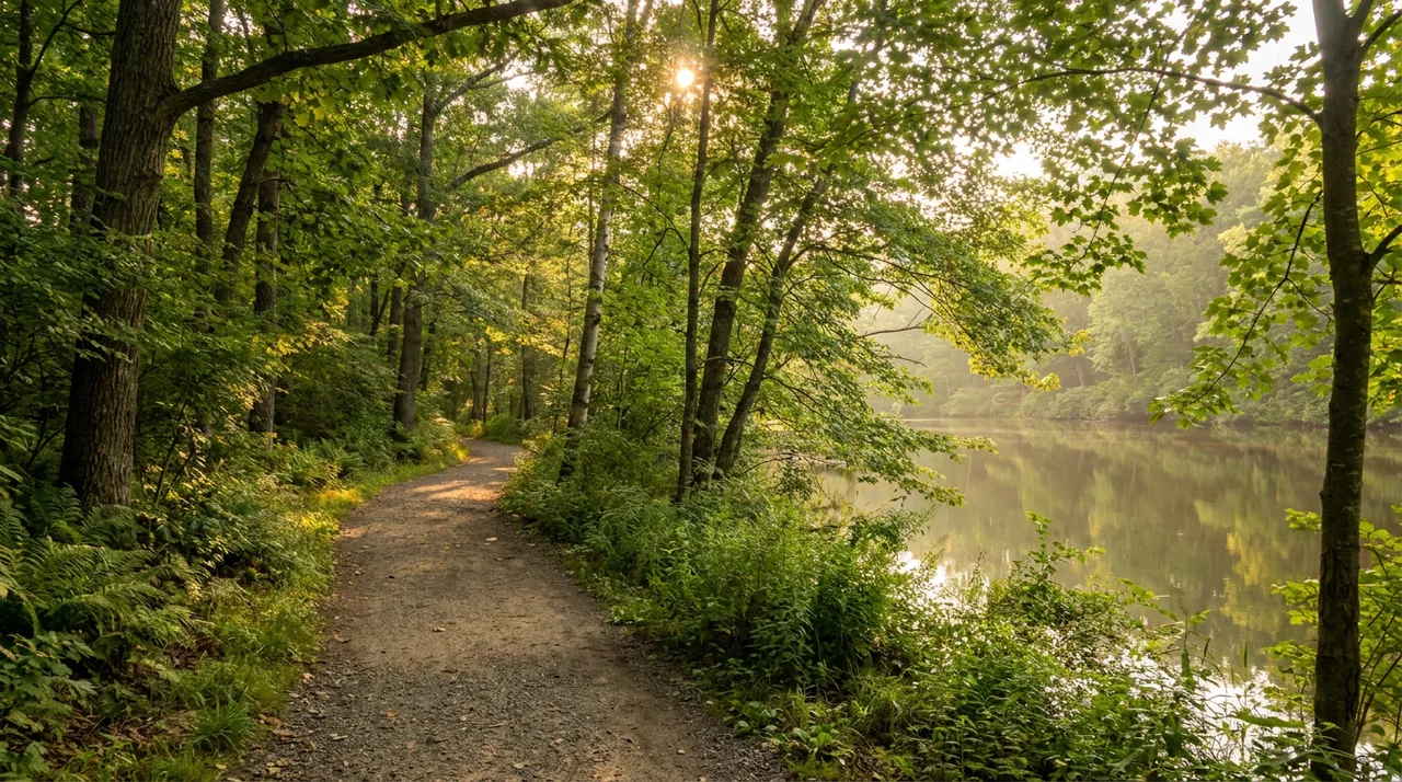 Wooded park trail beside a calm pond in Wyckoff, NJ in summer